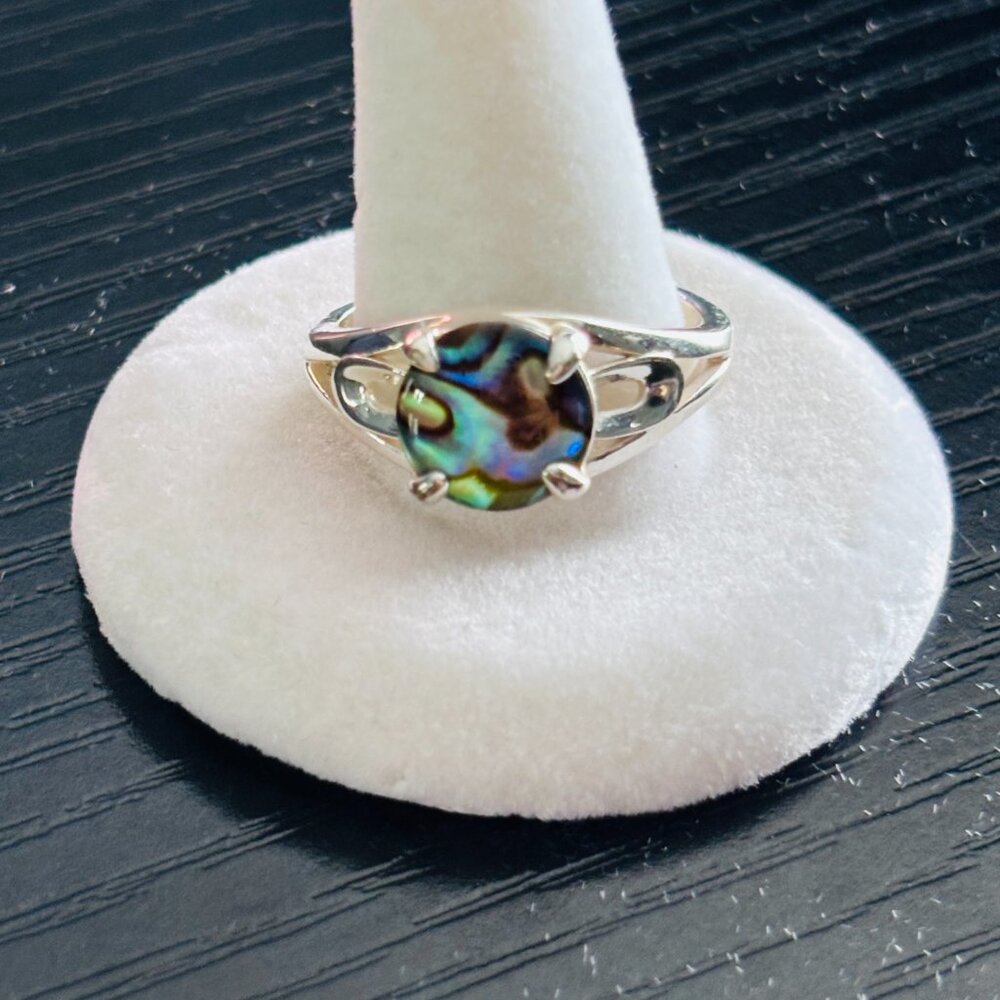VINTAGE Sterling Silver Abalone Shell Ring Round Cabochon Split Band